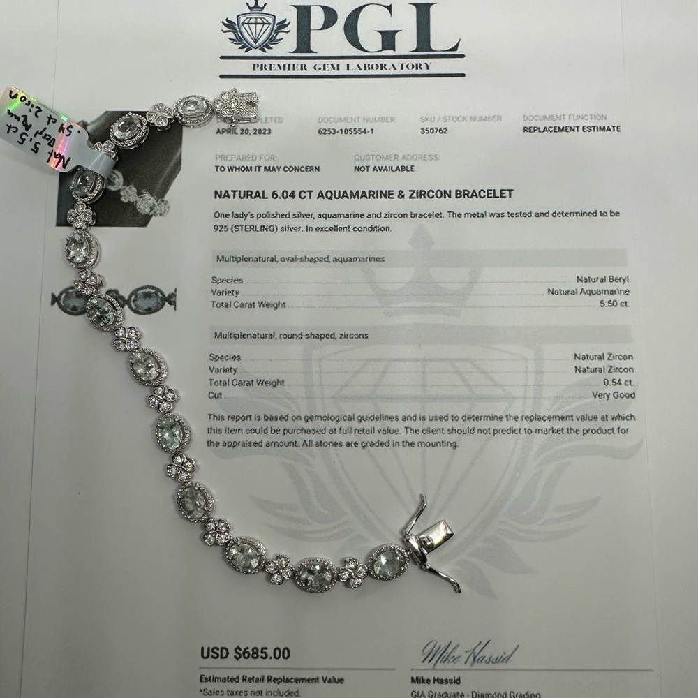 6.04 Natural Aquamarine and Zircon tennis bracelet